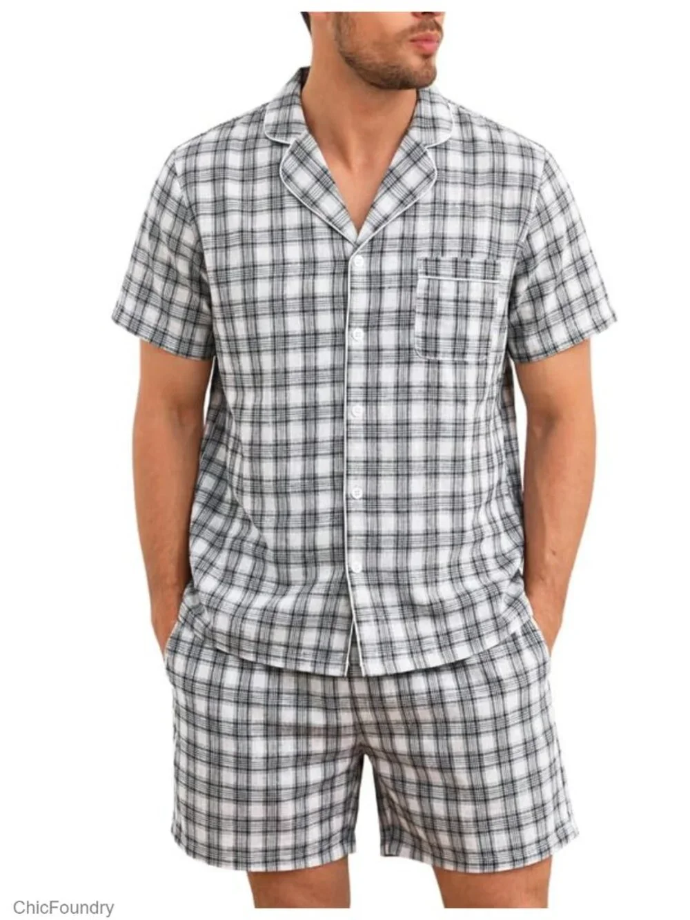 Men's 100% Cotton Short Sleeve Pajama Set Plaid Loungewear